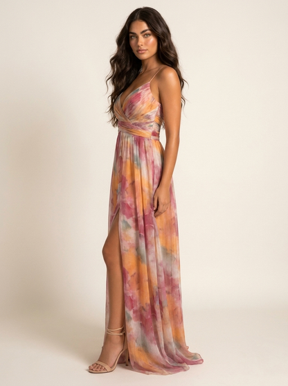 Women's Sleeveless Watercolour Print Maxi Dress with V-Neck