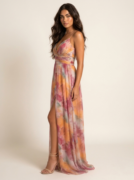 Women's Sleeveless Watercolour Print Maxi Dress with V-Neck