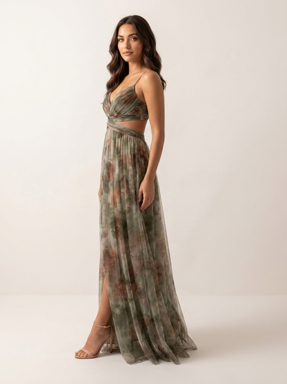 Women's Sleeveless Watercolour Print Maxi Dress with V-Neck
