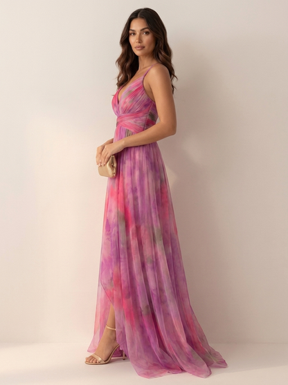Women's Sleeveless Watercolour Print Maxi Dress with V-Neck