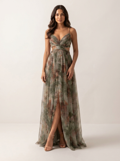 Women's Sleeveless Watercolour Print Maxi Dress with V-Neck