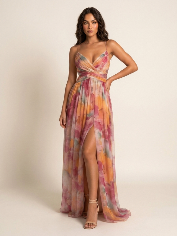 Women's Sleeveless Watercolour Print Maxi Dress with V-Neck