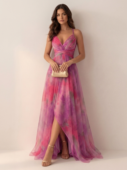 Women's Sleeveless Watercolour Print Maxi Dress with V-Neck
