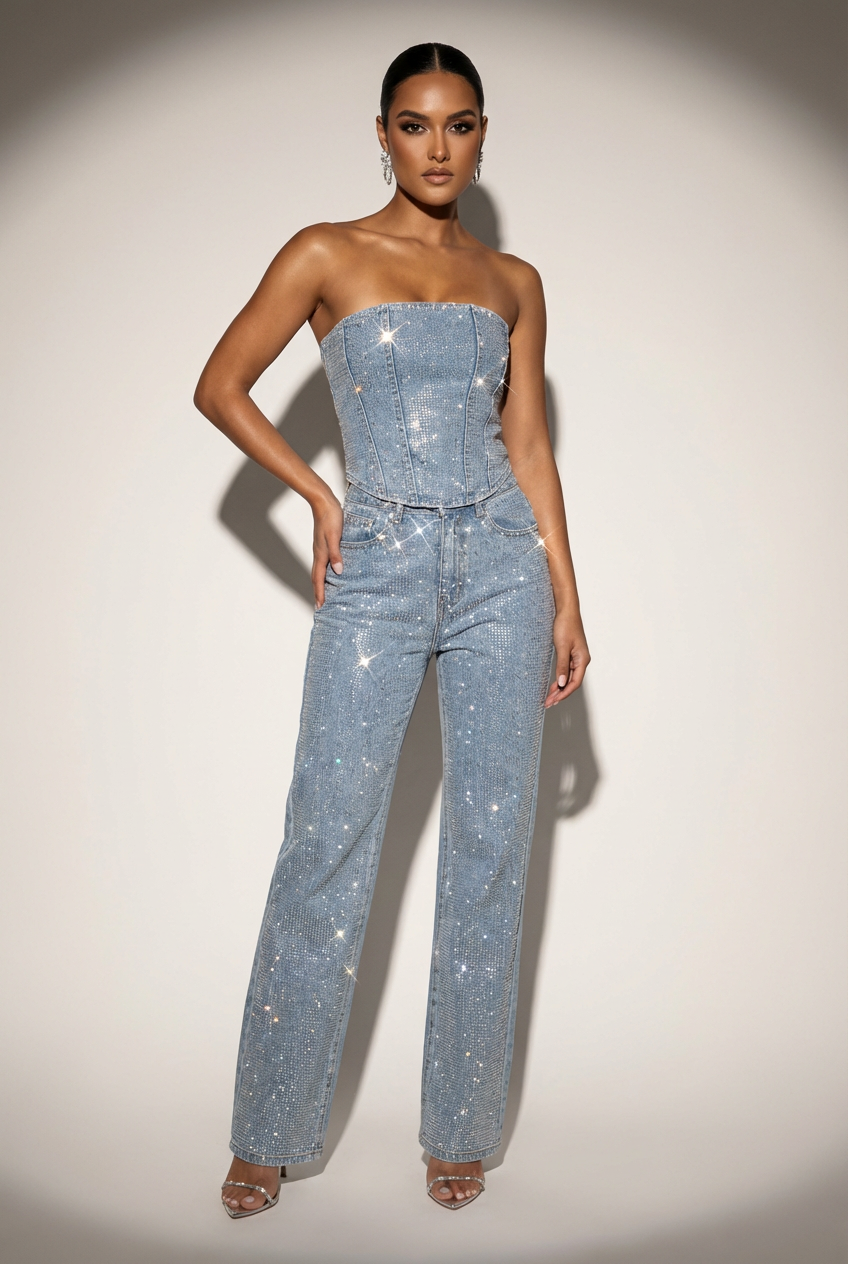 Women's Strapless Glitter Two-Piece Set