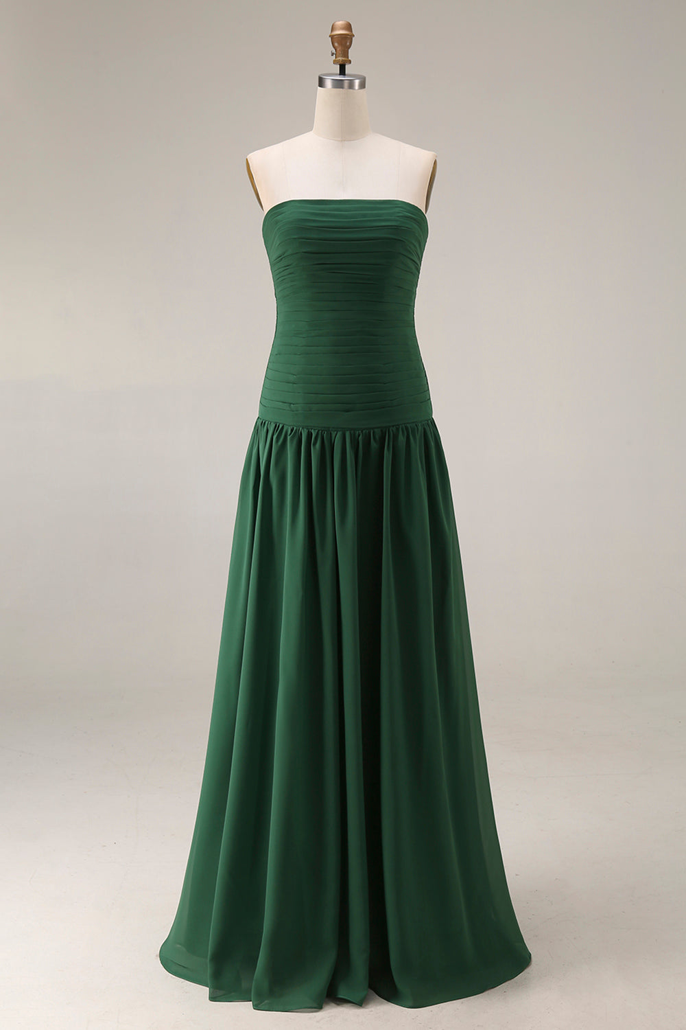 Women's Strapless Ruched Maxi Bridesmaid Dress with Pleated Skirt