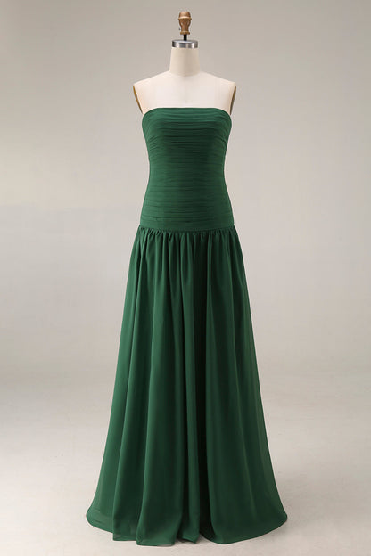 Women's Strapless Ruched Maxi Bridesmaid Dress with Pleated Skirt