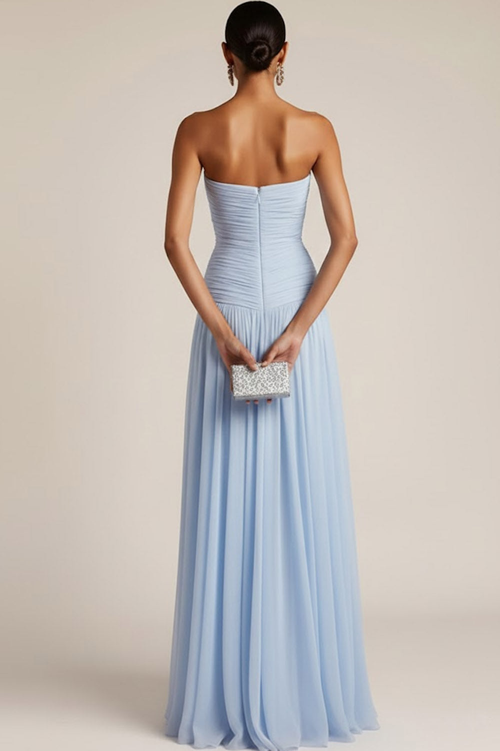 Women's Strapless Ruched Maxi Bridesmaid Dress with Pleated Skirt