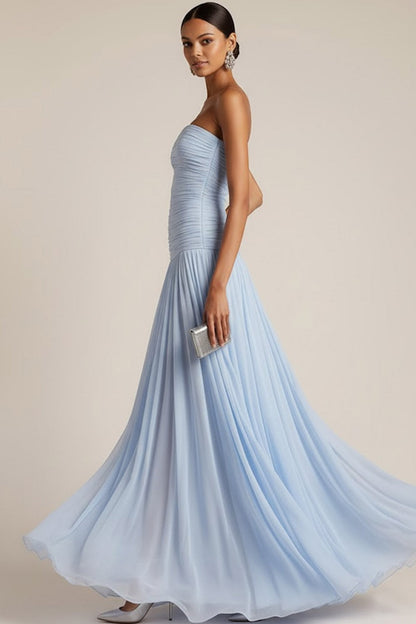 Women's Strapless Ruched Maxi Bridesmaid Dress with Pleated Skirt
