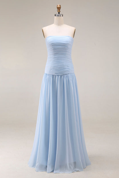 Women's Strapless Ruched Maxi Bridesmaid Dress with Pleated Skirt