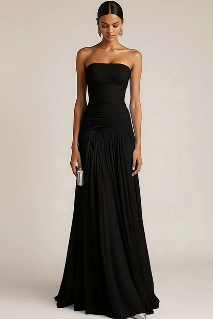 Women's Strapless Ruched Maxi Bridesmaid Dress with Pleated Skirt