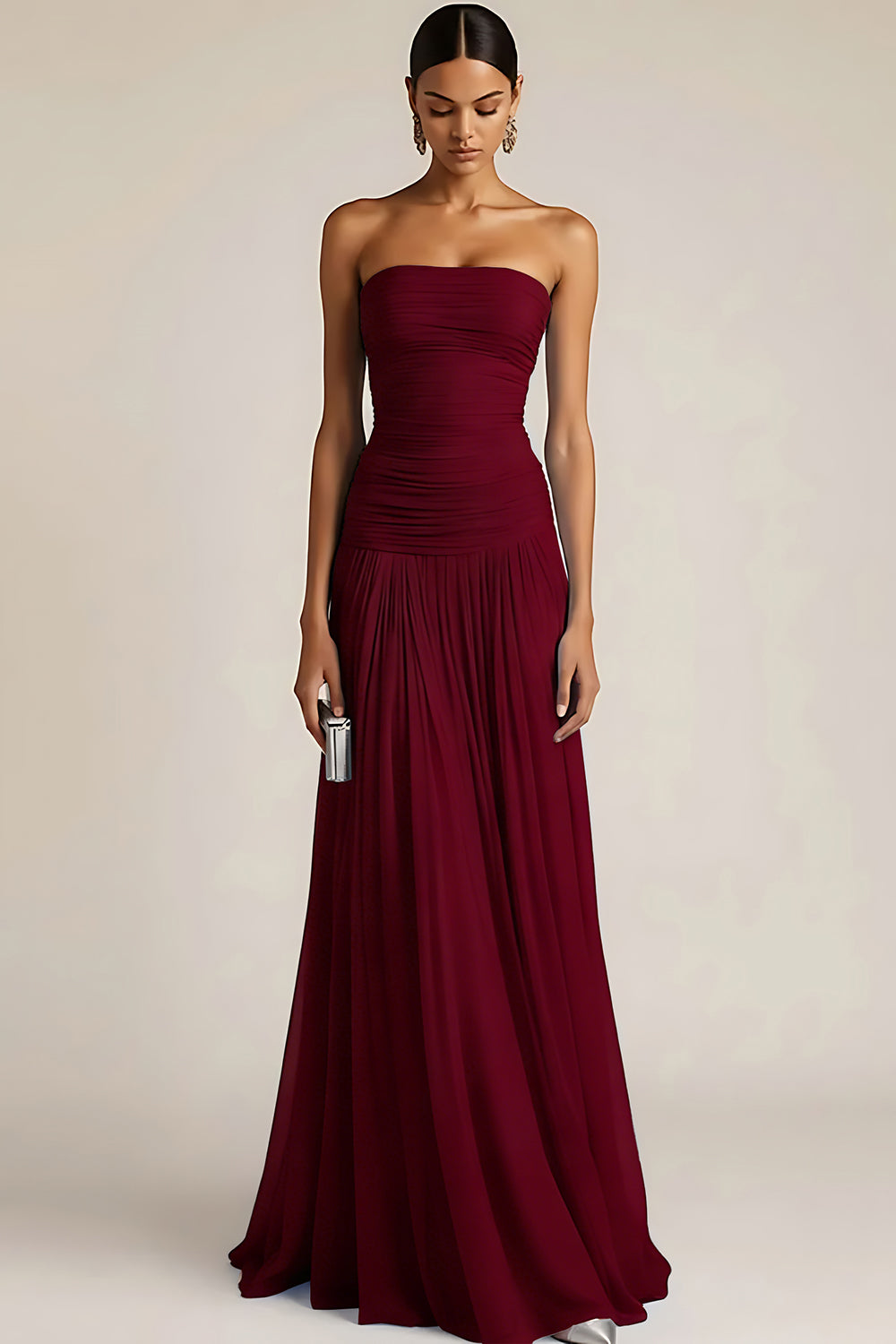 Women's Strapless Ruched Maxi Bridesmaid Dress with Pleated Skirt