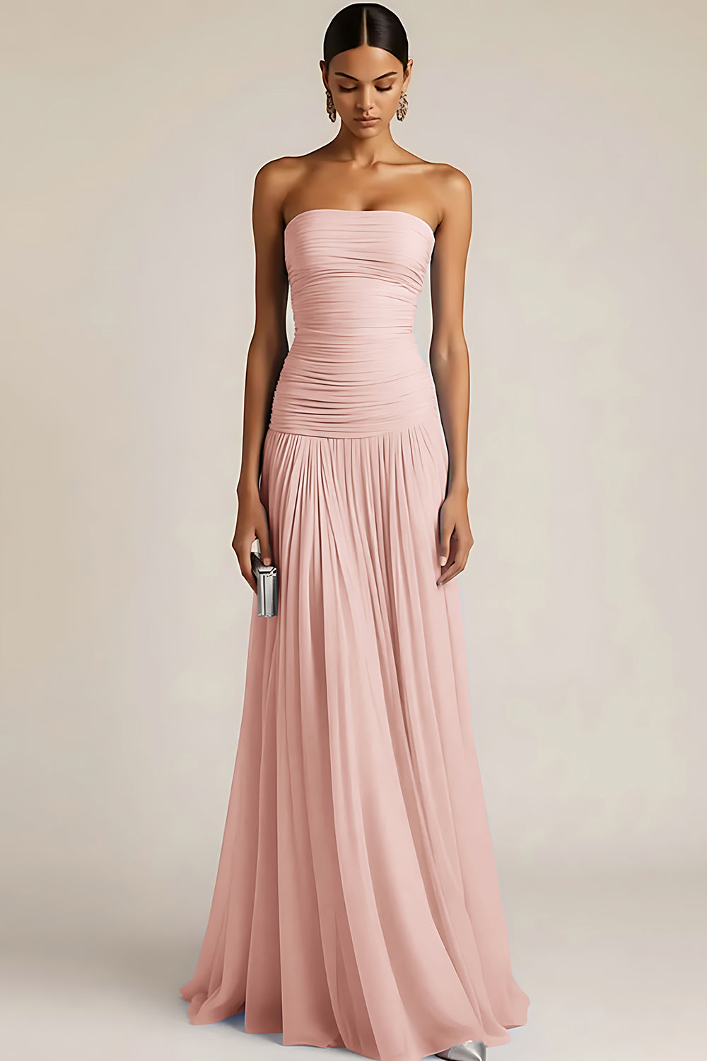 Women's Strapless Ruched Maxi Bridesmaid Dress with Pleated Skirt