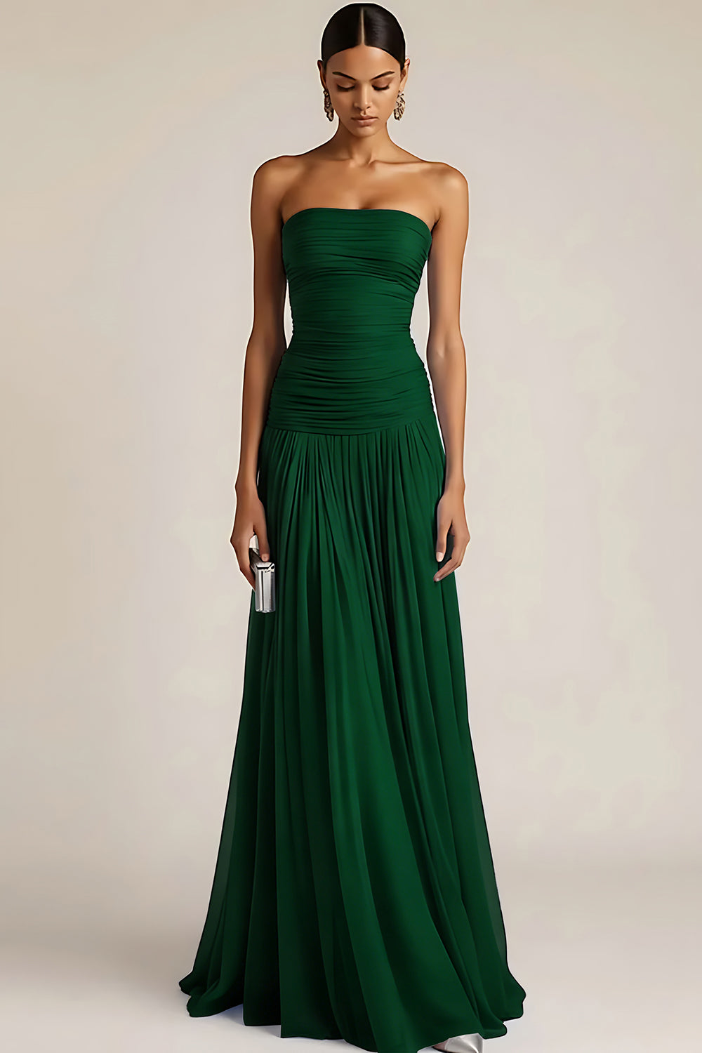 Women's Strapless Ruched Maxi Bridesmaid Dress with Pleated Skirt
