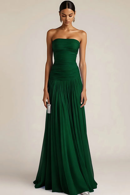 Women's Strapless Ruched Maxi Bridesmaid Dress with Pleated Skirt