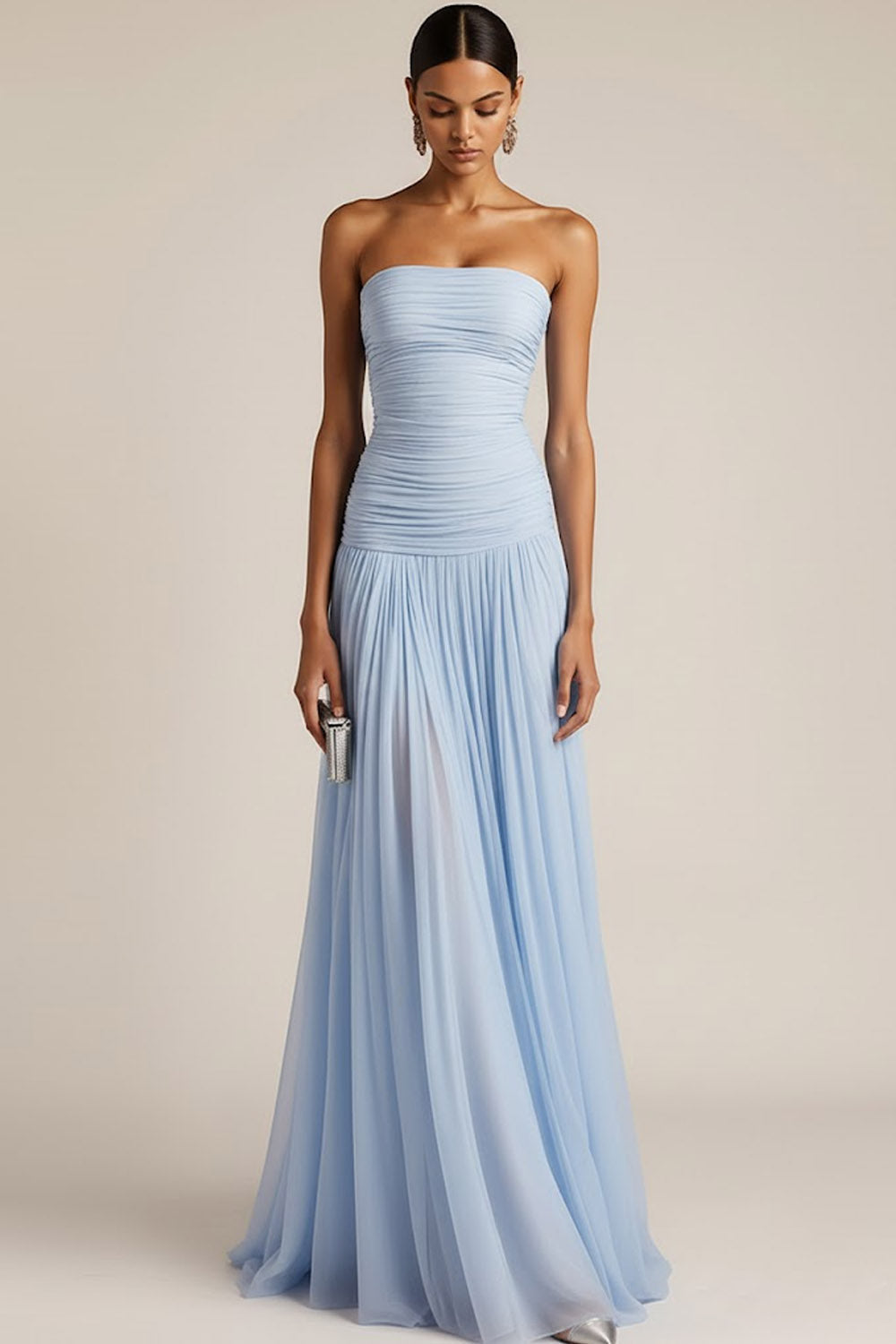 Women's Strapless Ruched Maxi Bridesmaid Dress with Pleated Skirt