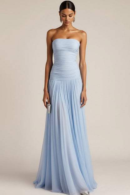 Women's Strapless Ruched Maxi Bridesmaid Dress with Pleated Skirt