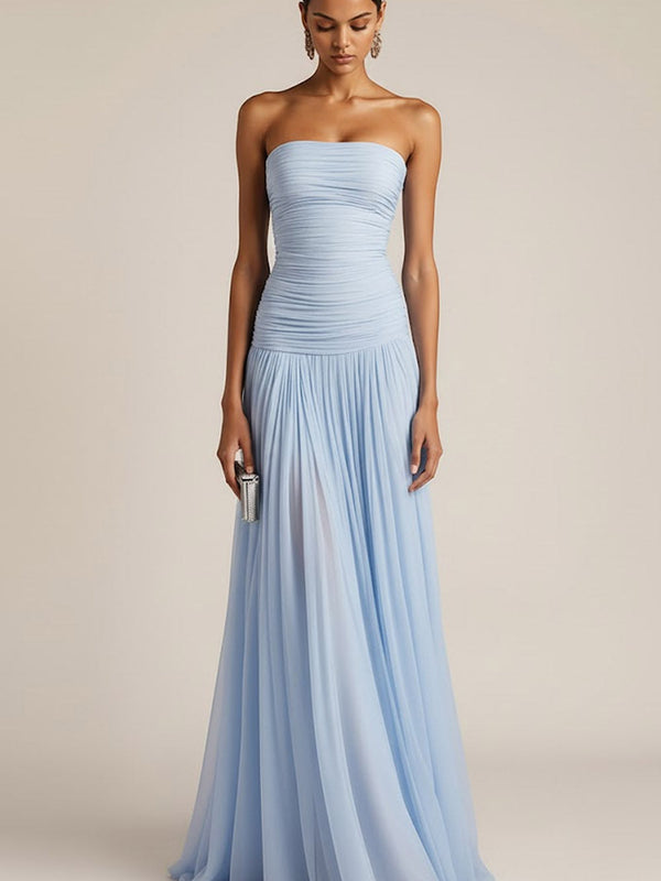 Women's Strapless Ruched Maxi Bridesmaid Dress with Pleated Skirt