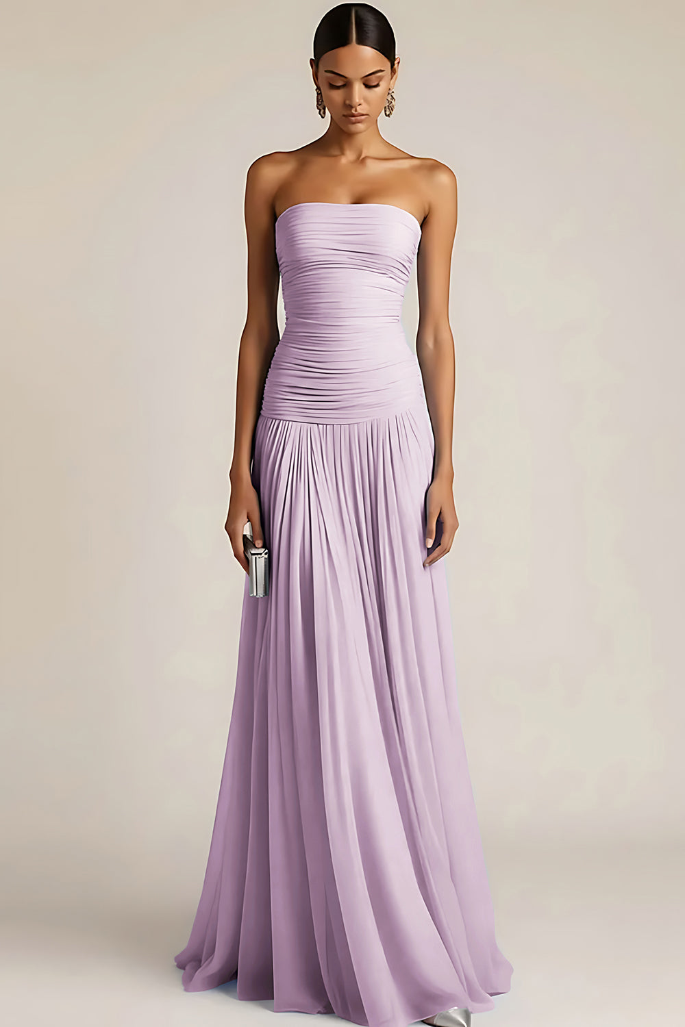 Women's Strapless Ruched Maxi Bridesmaid Dress with Pleated Skirt