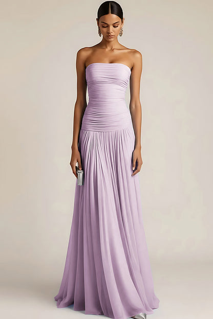 Women's Strapless Ruched Maxi Bridesmaid Dress with Pleated Skirt
