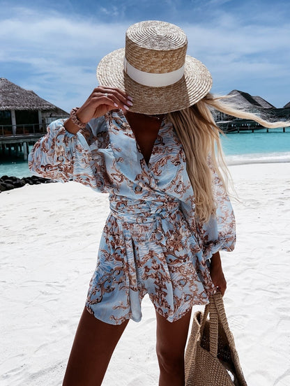Women's Tropical Print Wrap Top Two-Piece Set