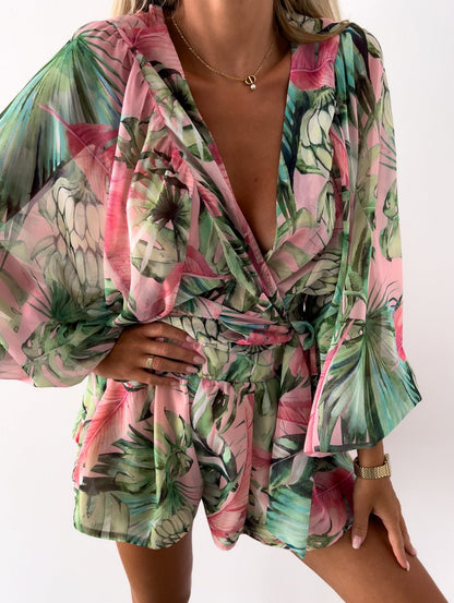 Women's Tropical Print Wrap Top Two-Piece Set