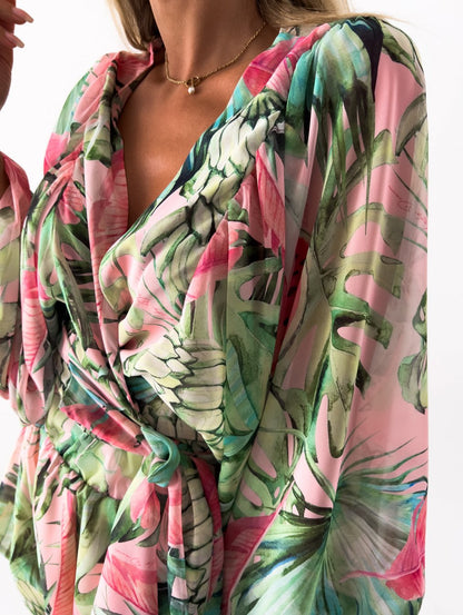 Women's Tropical Print Wrap Top Two-Piece Set