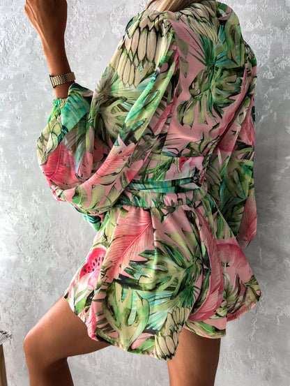 Women's Tropical Print Wrap Top Two-Piece Set