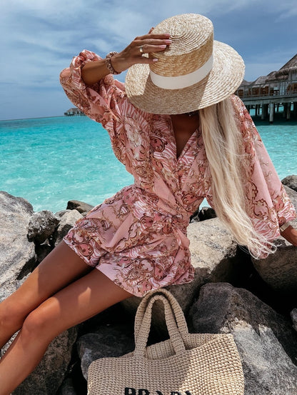 Women's Tropical Print Wrap Top Two-Piece Set