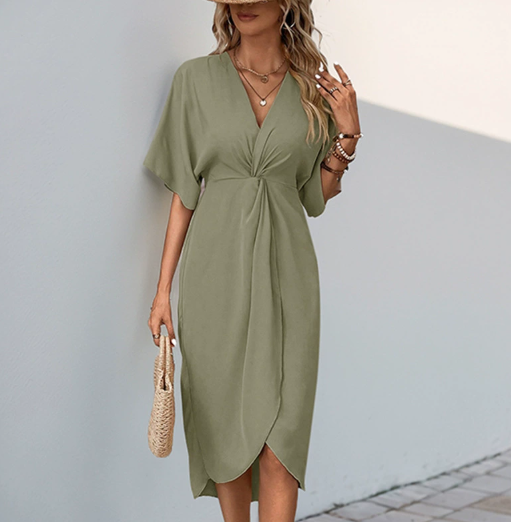 Women's V-Neck Twist Front Midi Dress