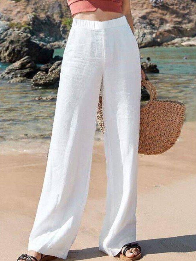 Women's Wide-Leg Cotton Pants with Elastic Waist for Casual Wear
