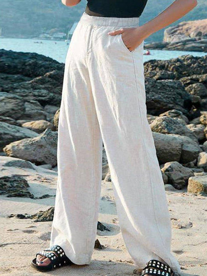 Women's Wide-Leg Cotton Pants with Elastic Waist for Casual Wear