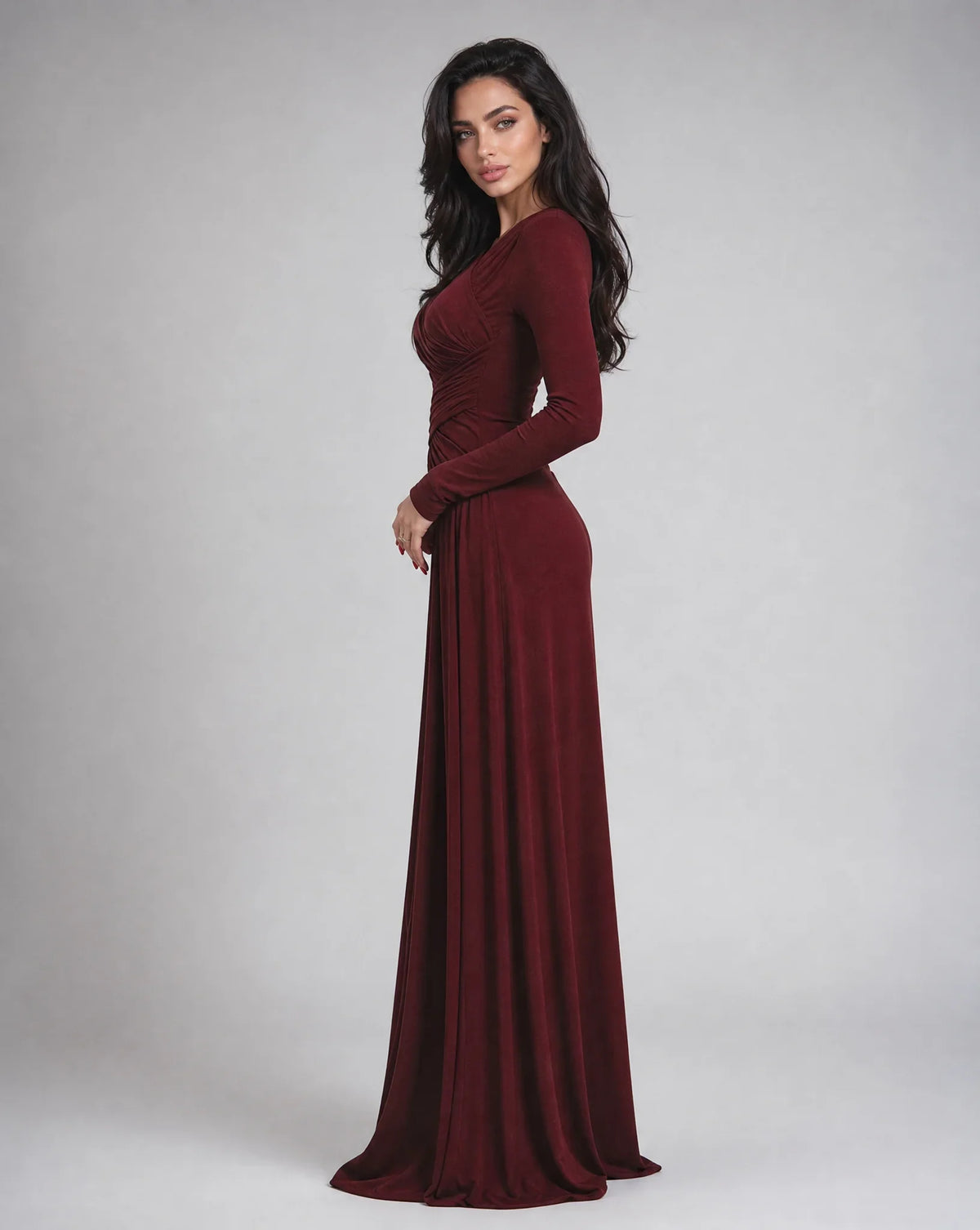 Women's Wine Red Long Sleeve V Neck Maxi Dress with Ruched Waist