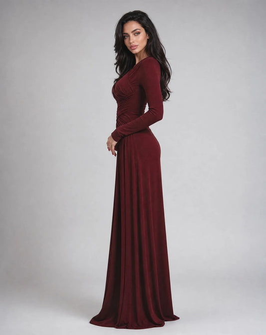 Women's Wine Red Long Sleeve V Neck Maxi Dress with Ruched Waist