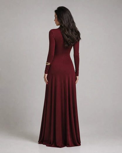 Women's Wine Red Long Sleeve V Neck Maxi Dress with Ruched Waist