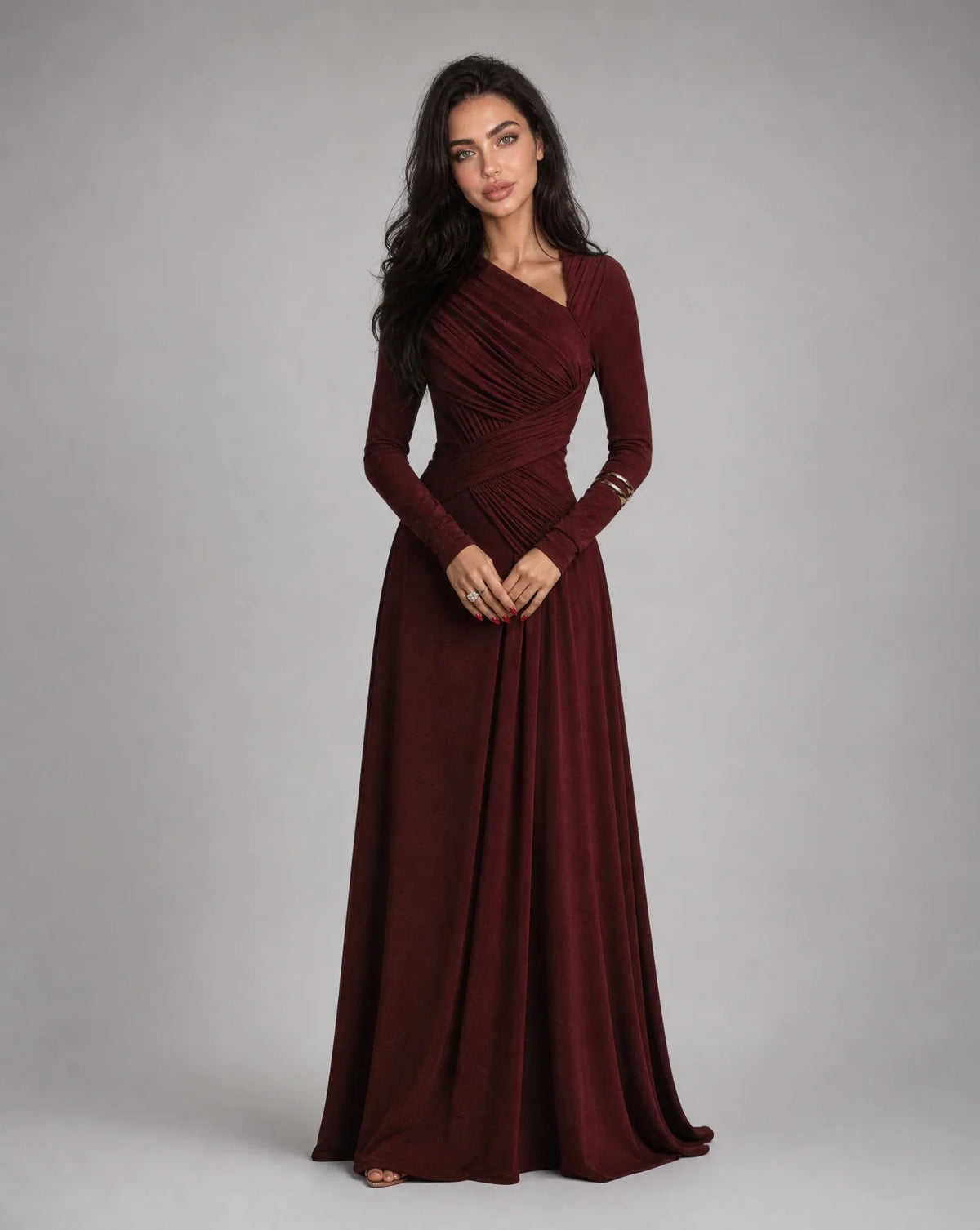 Women's Wine Red Long Sleeve V Neck Maxi Dress with Ruched Waist