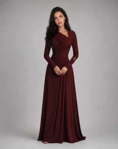 Women's Wine Red Long Sleeve V Neck Maxi Dress with Ruched Waist