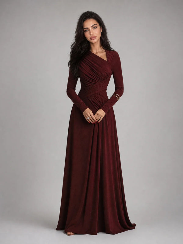 Women's Wine Red Long Sleeve V Neck Maxi Dress with Ruched Waist